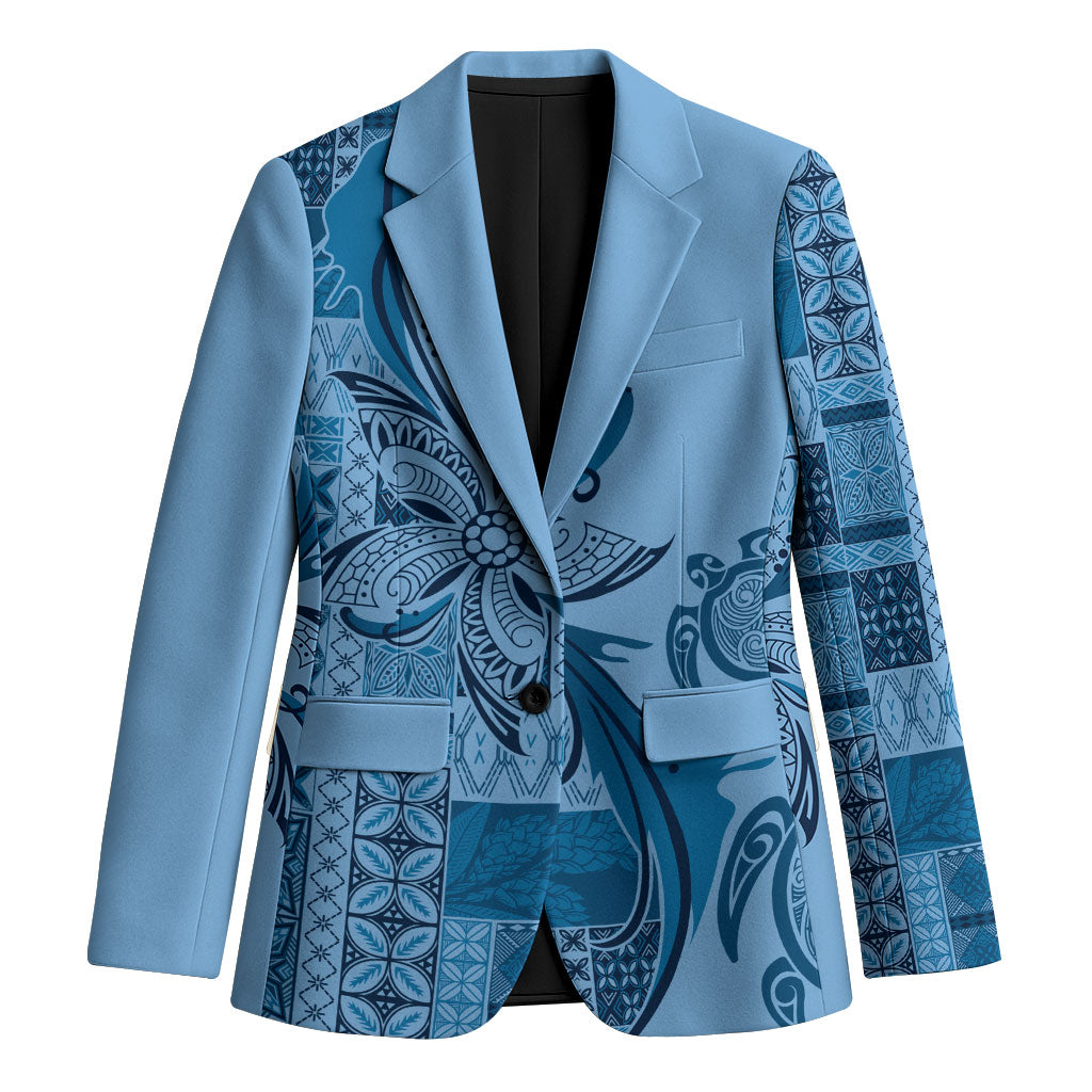 Talofa Samoa Mamanu Siapo Mix Malu Blazer Cool Blue Frangipani and Turtles LT7 Unisex Blue - Polynesian Pride