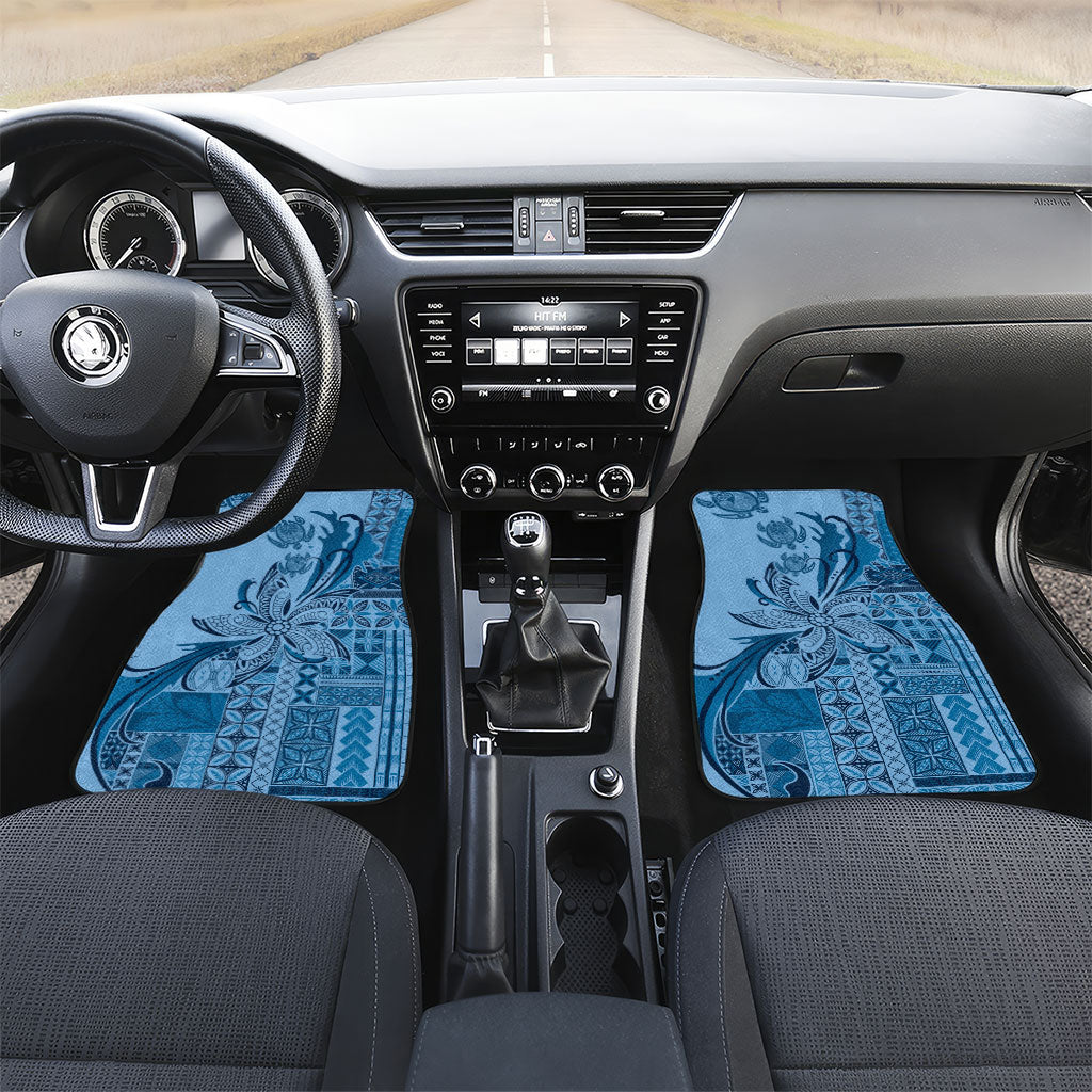 Talofa Samoa Mamanu Siapo Mix Malu Car Mats Cool Blue Frangipani and Turtles LT7 Set 2pcs - Front Blue - Polynesian Pride