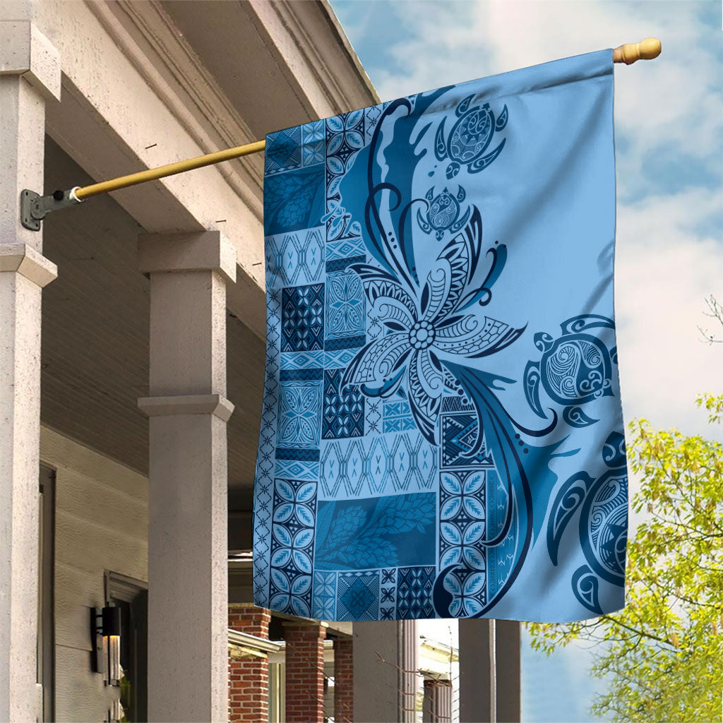 Talofa Samoa Mamanu Siapo Mix Malu Garden Flag Cool Blue Frangipani and Turtles LT7 House Flag Blue - Polynesian Pride