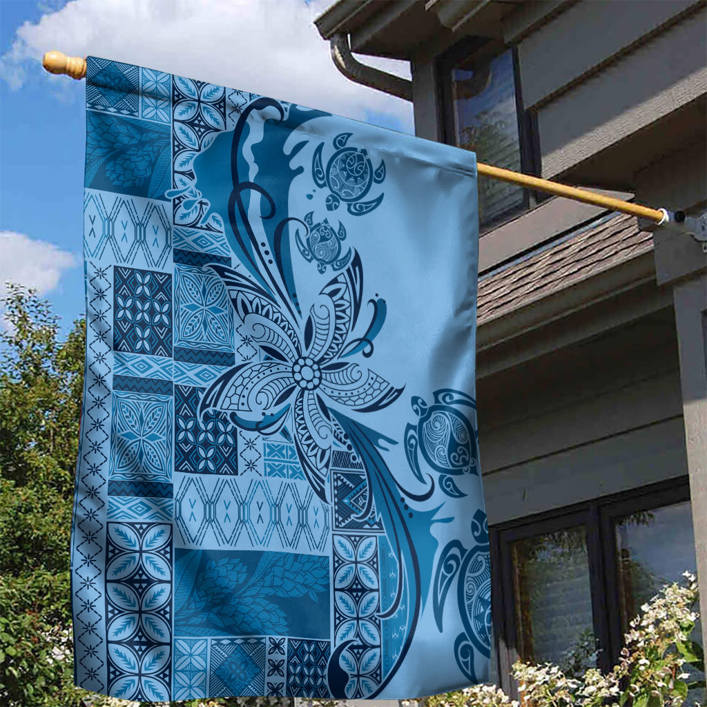 Talofa Samoa Mamanu Siapo Mix Malu Garden Flag Cool Blue Frangipani and Turtles LT7 - Polynesian Pride
