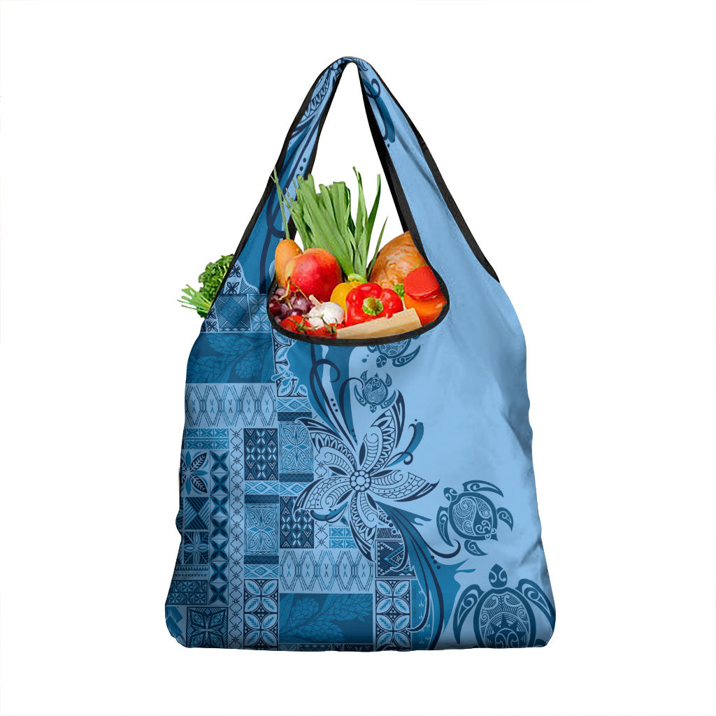 Talofa Samoa Mamanu Siapo Mix Malu Grocery Bag Cool Blue Frangipani and Turtles LT7 1-pack One Size Blue - Polynesian Pride