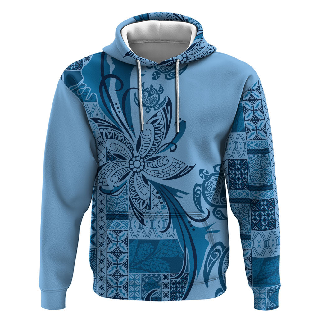 Talofa Samoa Mamanu Siapo Mix Malu Hoodie Cool Blue Frangipani and Turtles LT7 Pullover Hoodie Blue - Polynesian Pride