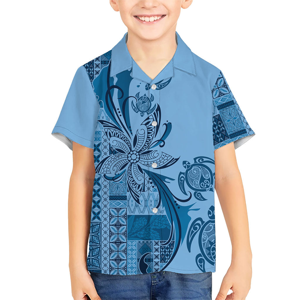 Talofa Samoa Mamanu Siapo Mix Malu Kid Hawaiian Shirt Cool Blue Frangipani and Turtles LT7 Kid Blue - Polynesian Pride