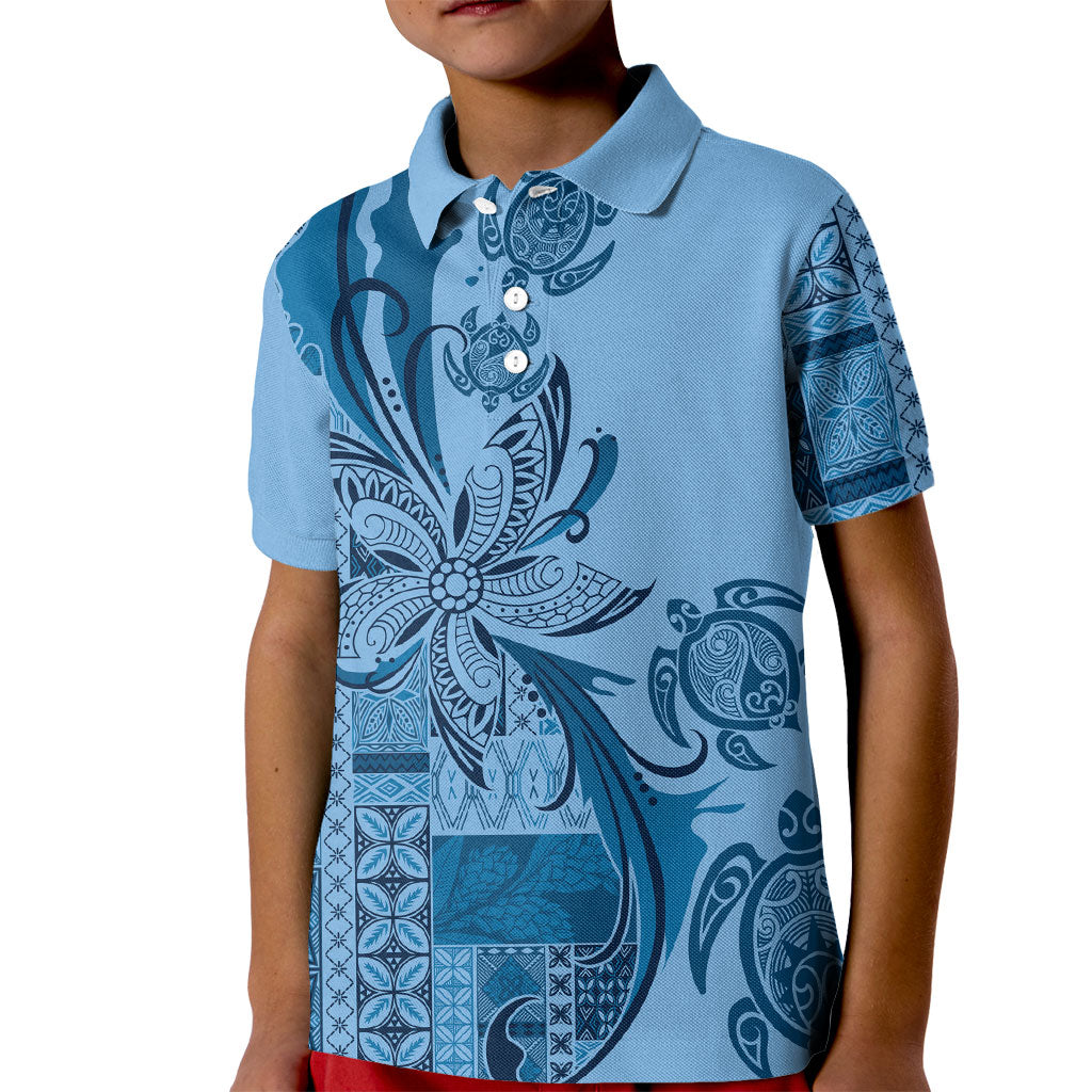 Talofa Samoa Mamanu Siapo Mix Malu Kid Polo Shirt Cool Blue Frangipani and Turtles LT7 Kid Blue - Polynesian Pride