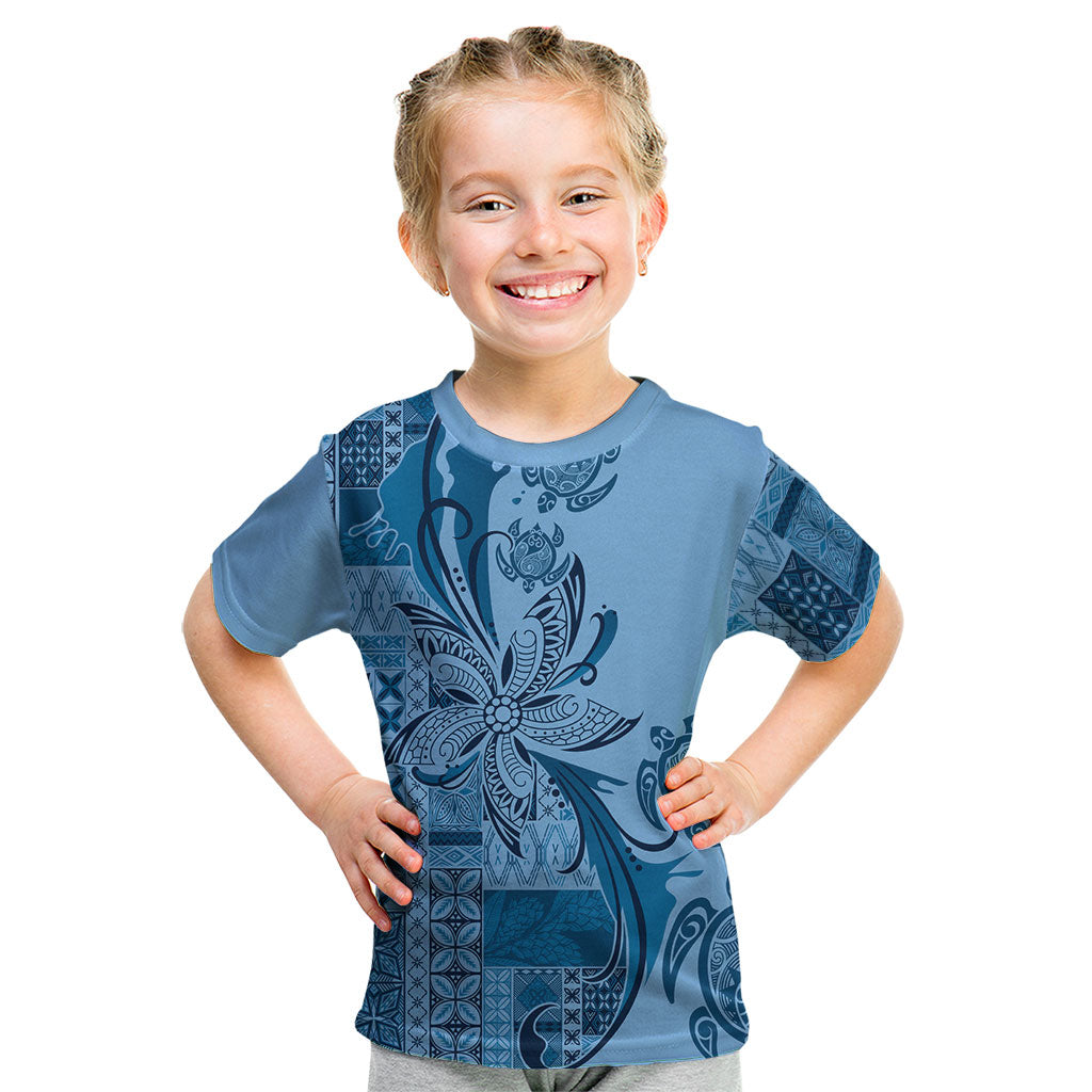 Talofa Samoa Mamanu Siapo Mix Malu Kid T Shirt Cool Blue Frangipani and Turtles LT7 Blue - Polynesian Pride