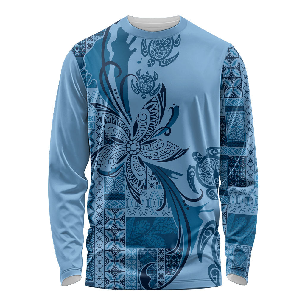 Talofa Samoa Mamanu Siapo Mix Malu Long Sleeve Shirt Cool Blue Frangipani and Turtles LT7 Unisex Blue - Polynesian Pride