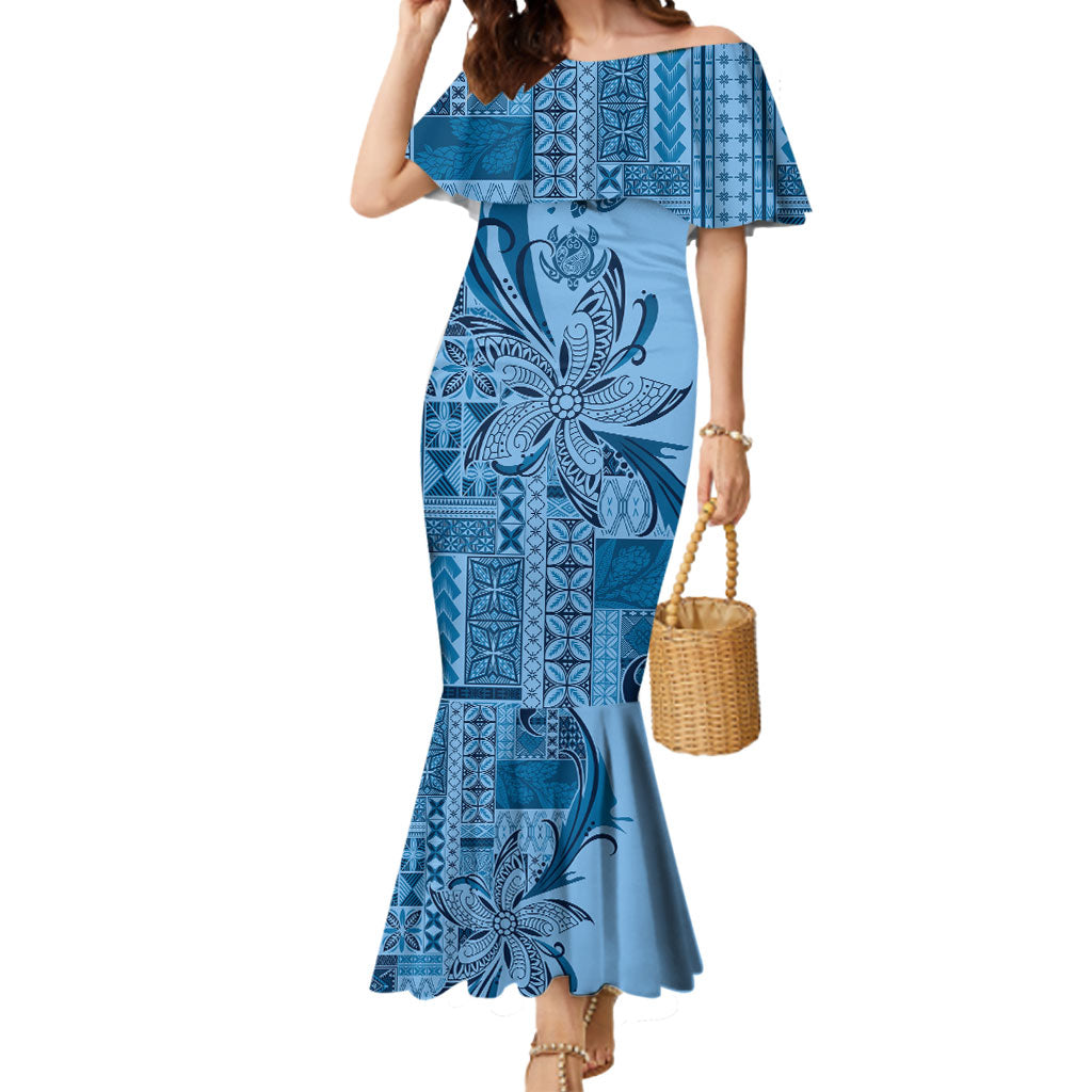 Talofa Samoa Mamanu Siapo Mix Malu Mermaid Dress Cool Blue Frangipani and Turtles LT7 Women Blue - Polynesian Pride