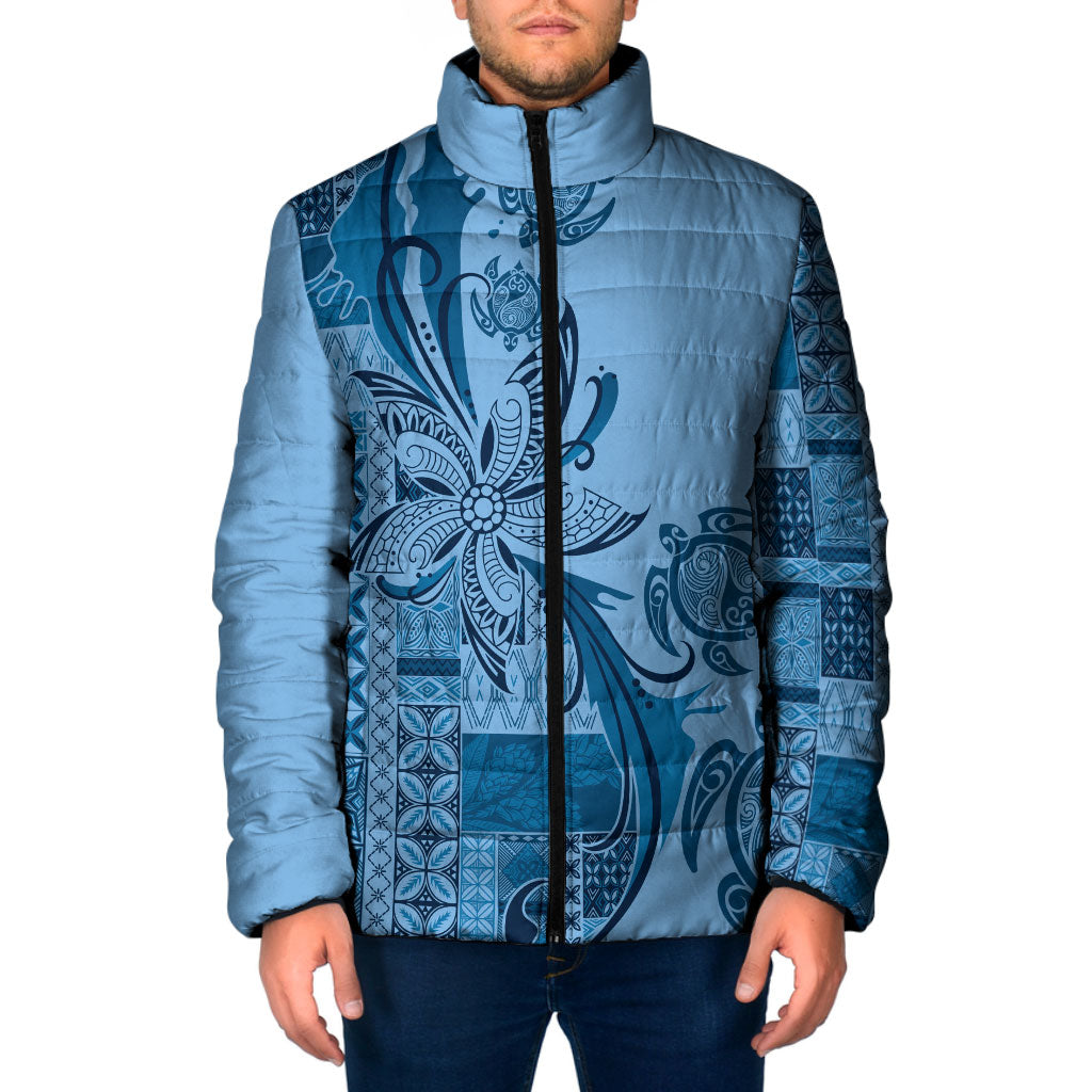 Talofa Samoa Mamanu Siapo Mix Malu Padded Jacket Cool Blue Frangipani and Turtles LT7 Men Blue - Polynesian Pride