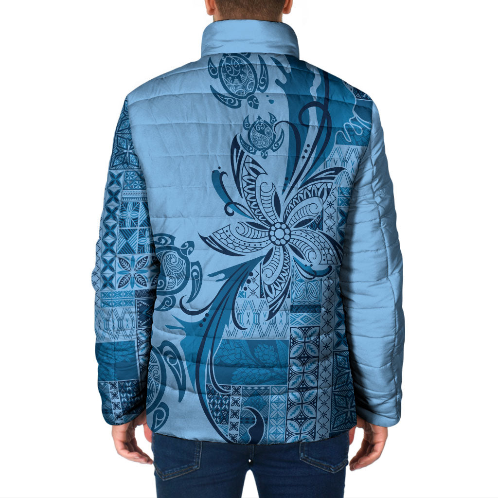 Talofa Samoa Mamanu Siapo Mix Malu Padded Jacket Cool Blue Frangipani and Turtles LT7 - Polynesian Pride