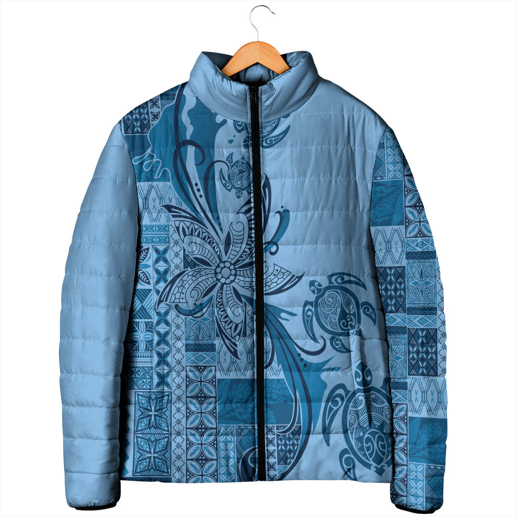 Talofa Samoa Mamanu Siapo Mix Malu Padded Jacket Cool Blue Frangipani and Turtles LT7 - Polynesian Pride