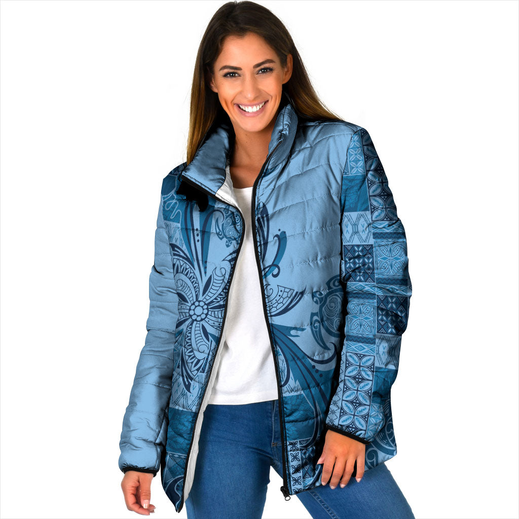 Talofa Samoa Mamanu Siapo Mix Malu Padded Jacket Cool Blue Frangipani and Turtles LT7 Women Blue - Polynesian Pride