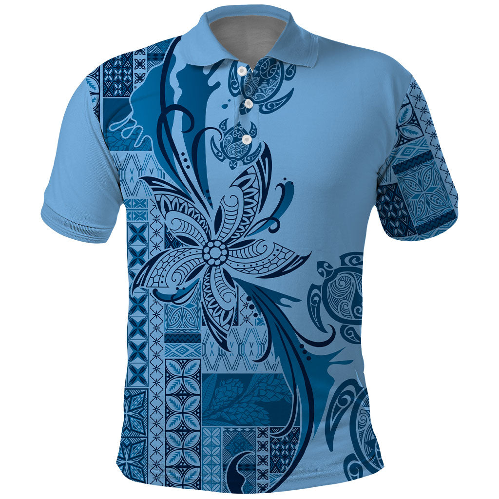 Talofa Samoa Mamanu Siapo Mix Malu Polo Shirt Cool Blue Frangipani and Turtles LT7 Blue - Polynesian Pride