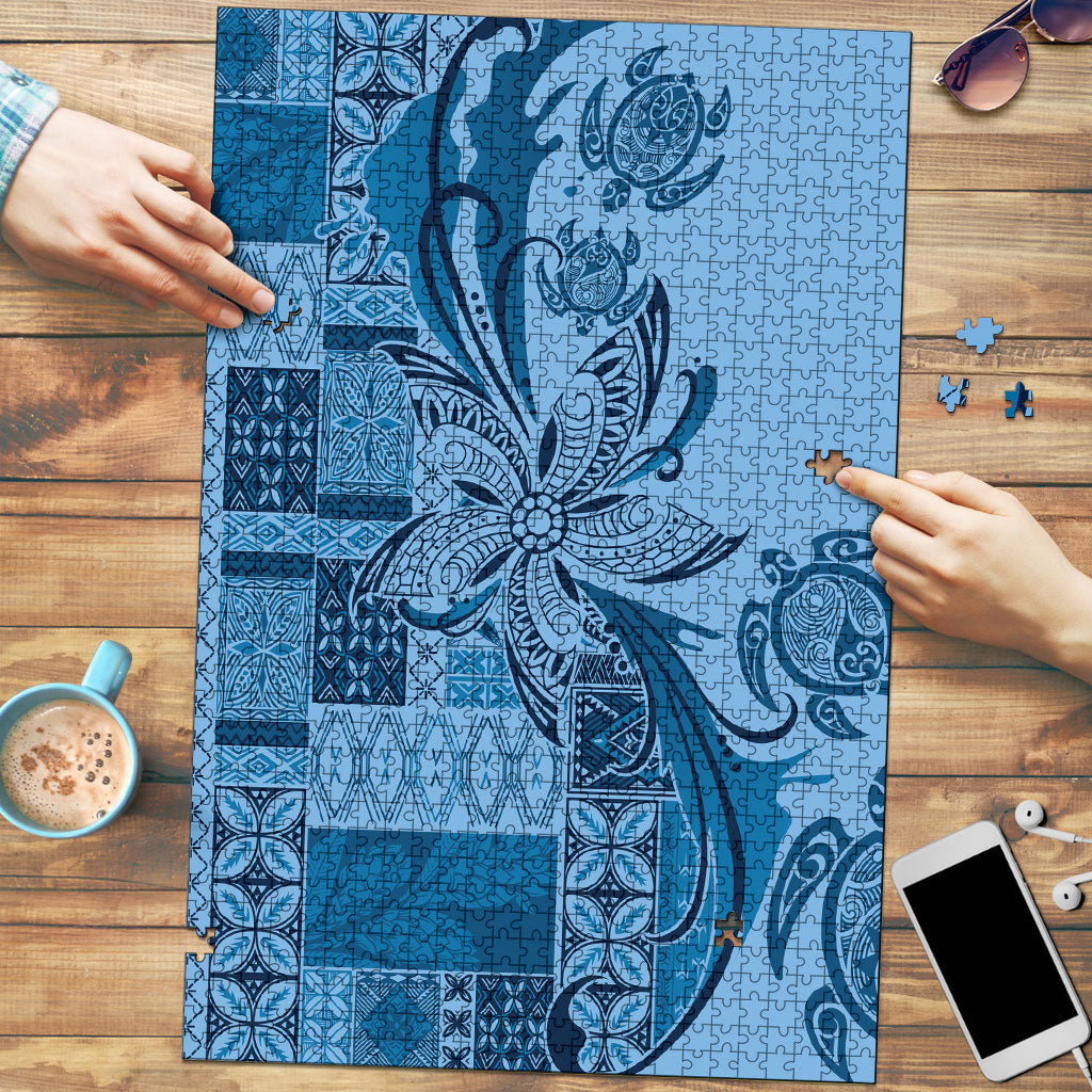 Talofa Samoa Mamanu Siapo Mix Malu Puzzle Cool Blue Frangipani and Turtles LT7 Blue - Polynesian Pride
