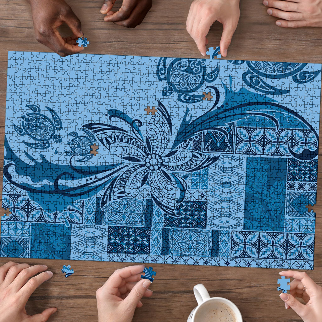 Talofa Samoa Mamanu Siapo Mix Malu Puzzle Cool Blue Frangipani and Turtles LT7 - Polynesian Pride
