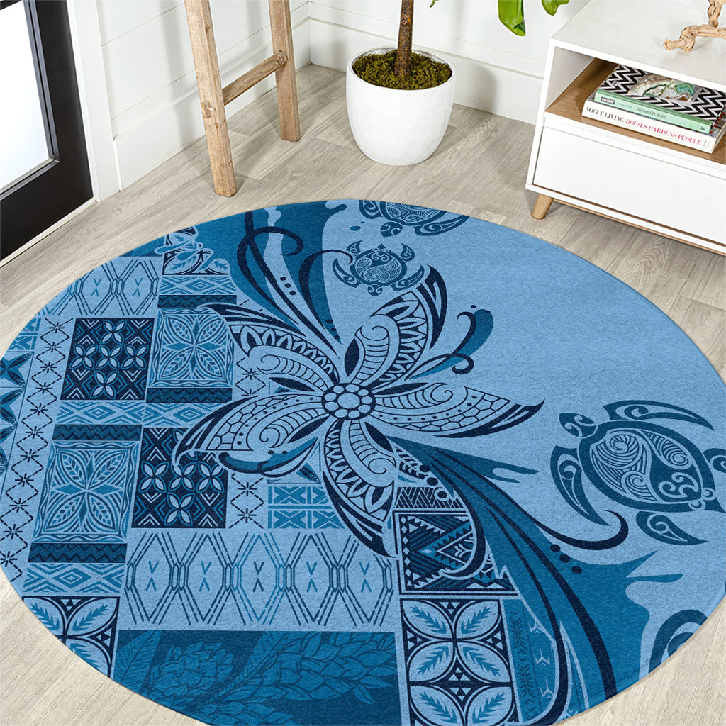 Talofa Samoa Mamanu Siapo Mix Malu Round Carpet Cool Blue Frangipani and Turtles LT7 Blue - Polynesian Pride