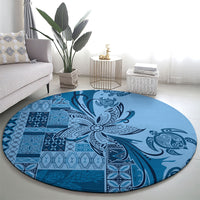 Talofa Samoa Mamanu Siapo Mix Malu Round Carpet Cool Blue Frangipani and Turtles LT7 - Polynesian Pride