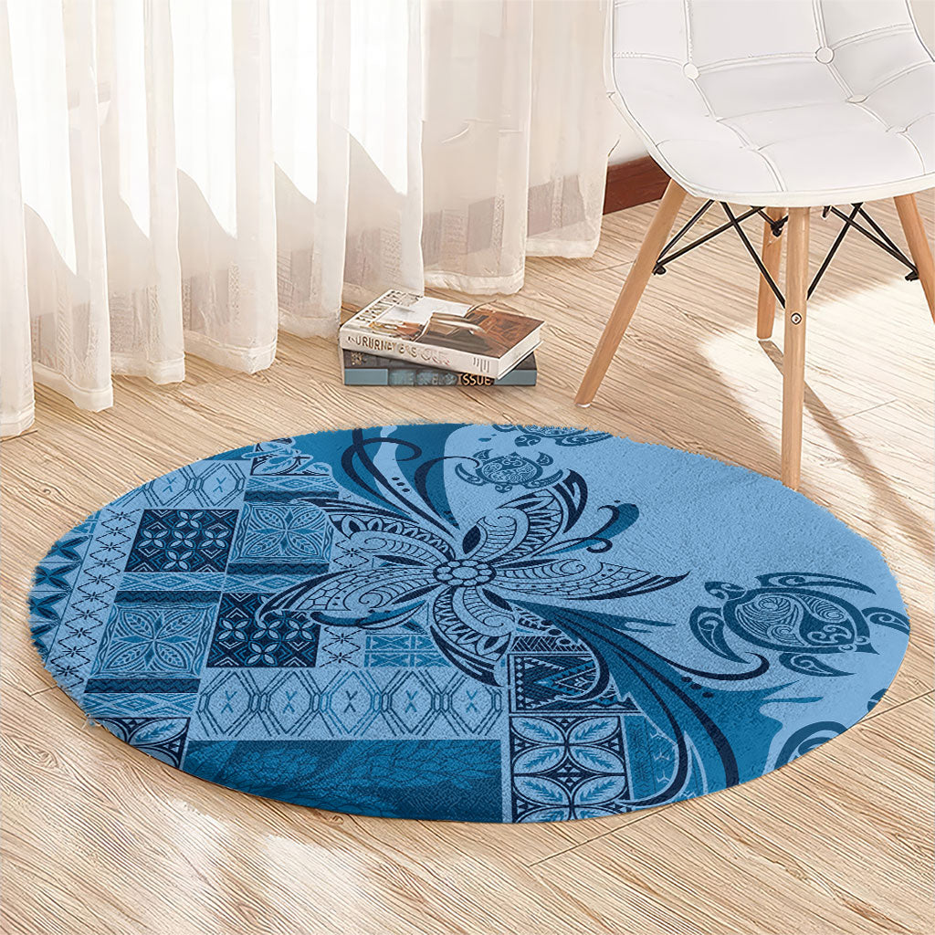 Talofa Samoa Mamanu Siapo Mix Malu Round Carpet Cool Blue Frangipani and Turtles LT7 - Polynesian Pride