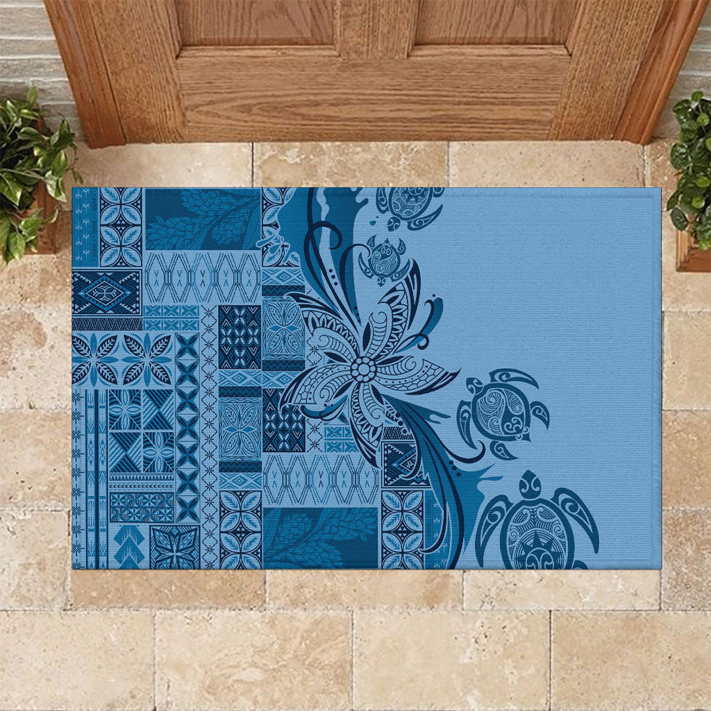 Talofa Samoa Mamanu Siapo Mix Malu Rubber Doormat Cool Blue Frangipani and Turtles LT7 Blue - Polynesian Pride