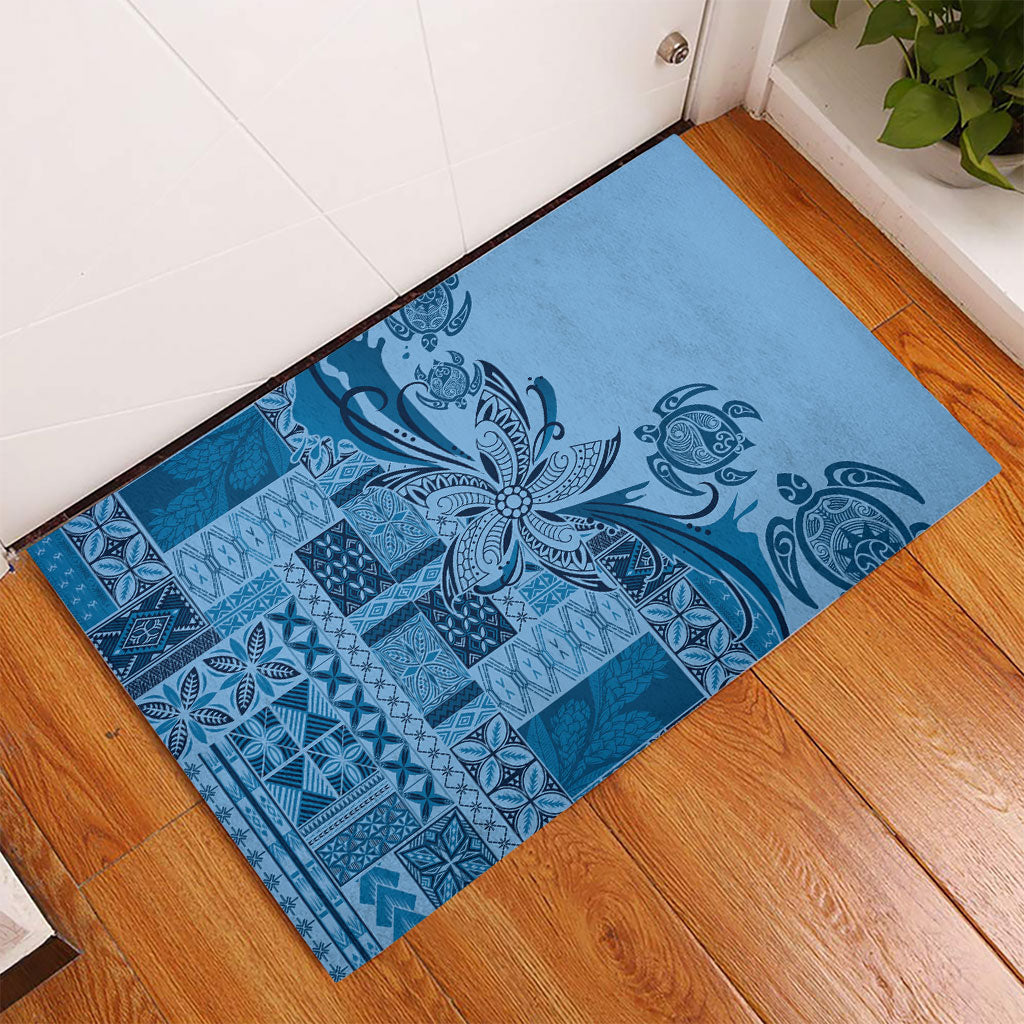 Talofa Samoa Mamanu Siapo Mix Malu Rubber Doormat Cool Blue Frangipani and Turtles LT7 - Polynesian Pride
