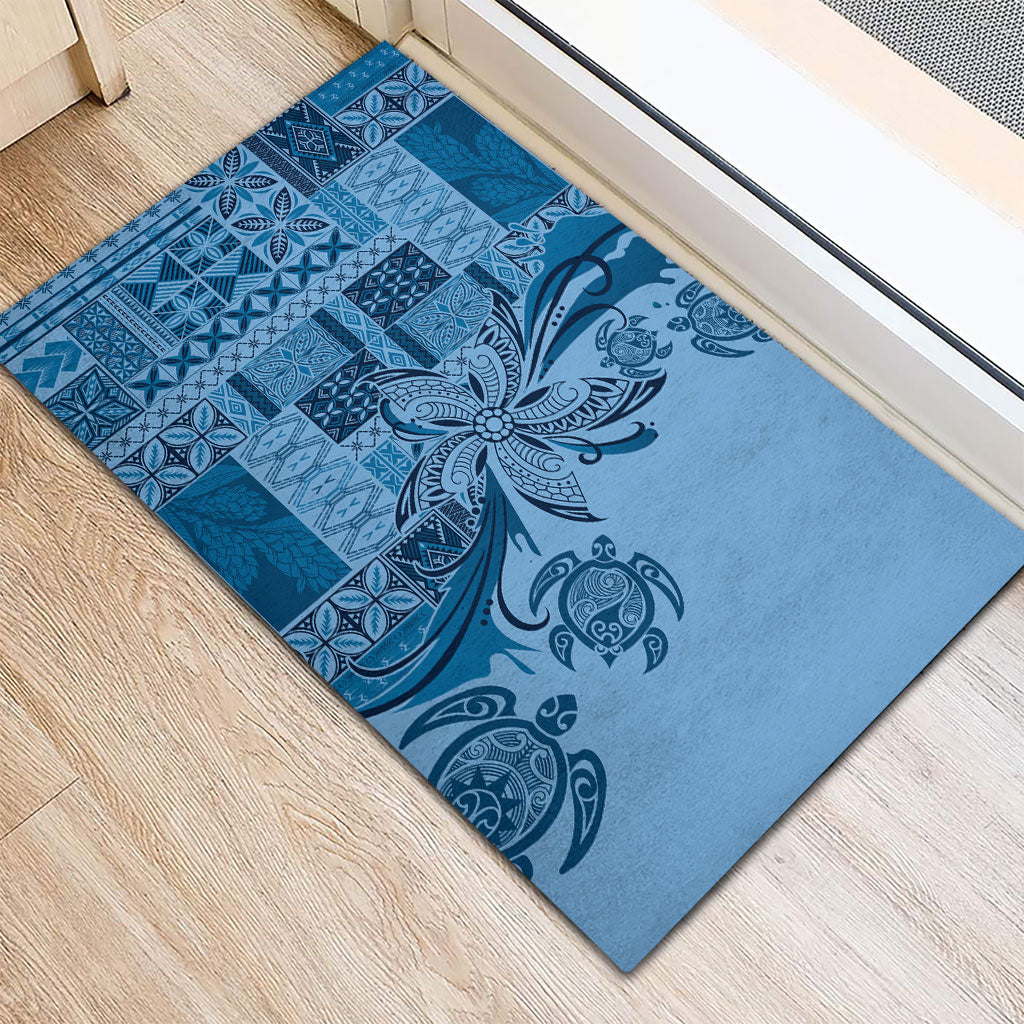 Talofa Samoa Mamanu Siapo Mix Malu Rubber Doormat Cool Blue Frangipani and Turtles LT7 - Polynesian Pride