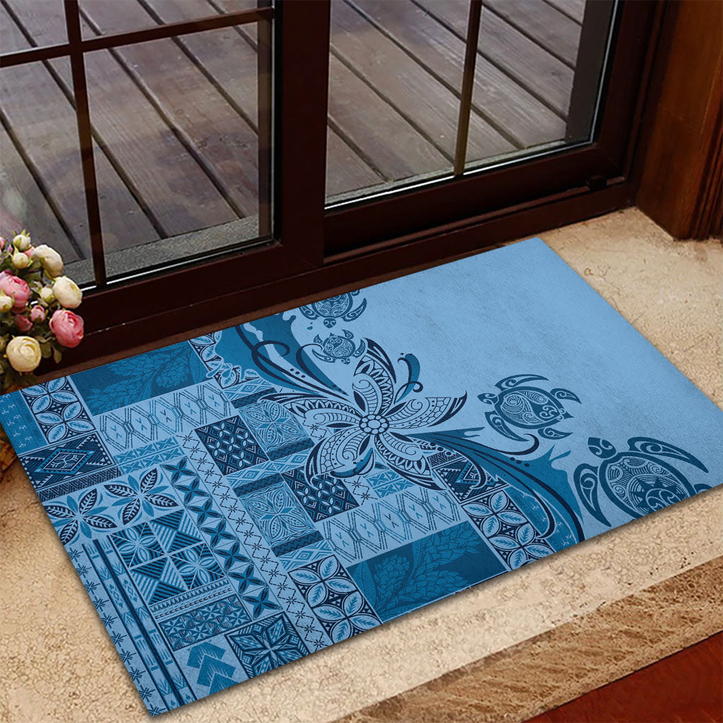 Talofa Samoa Mamanu Siapo Mix Malu Rubber Doormat Cool Blue Frangipani and Turtles LT7 - Polynesian Pride