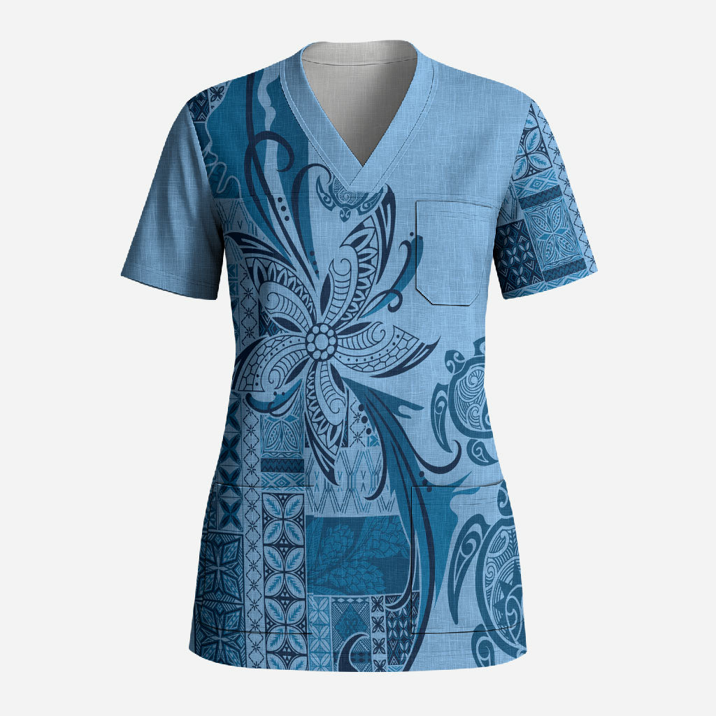 Talofa Samoa Mamanu Siapo Mix Malu Scrub Top Cool Blue Frangipani and Turtles LT7 Adult Blue - Polynesian Pride