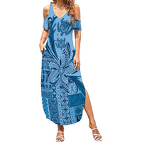 Talofa Samoa Mamanu Siapo Mix Malu Summer Maxi Dress Cool Blue Frangipani and Turtles LT7 Women Blue - Polynesian Pride
