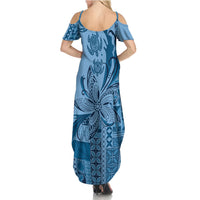 Talofa Samoa Mamanu Siapo Mix Malu Summer Maxi Dress Cool Blue Frangipani and Turtles LT7 - Polynesian Pride