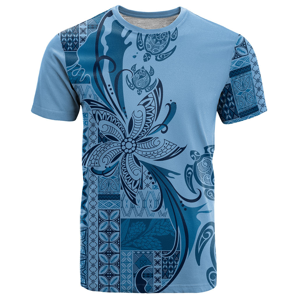 Talofa Samoa Mamanu Siapo Mix Malu T Shirt Cool Blue Frangipani and Turtles LT7 Blue - Polynesian Pride