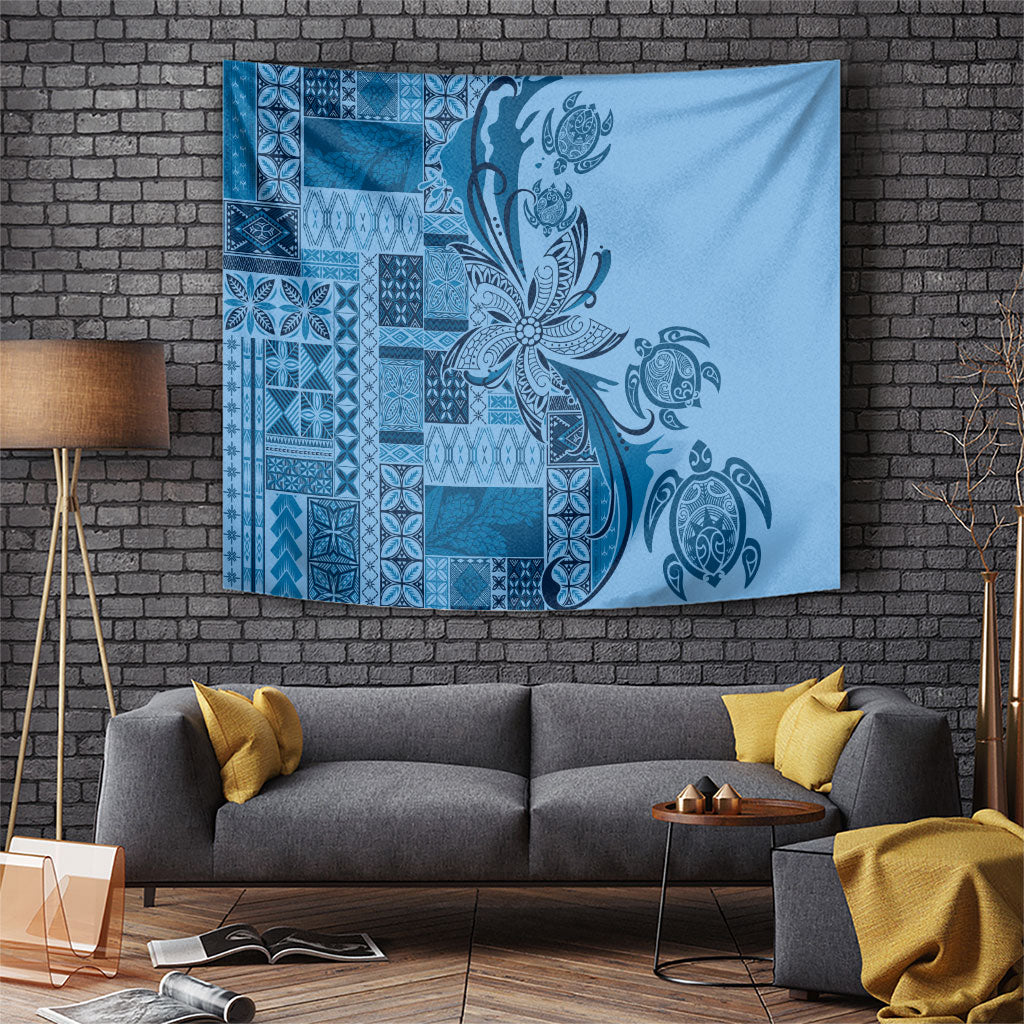 Talofa Samoa Mamanu Siapo Mix Malu Tapestry Cool Blue Frangipani and Turtles LT7 Blue - Polynesian Pride