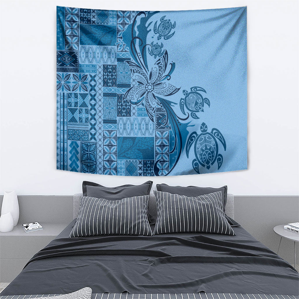 Talofa Samoa Mamanu Siapo Mix Malu Tapestry Cool Blue Frangipani and Turtles LT7 - Polynesian Pride