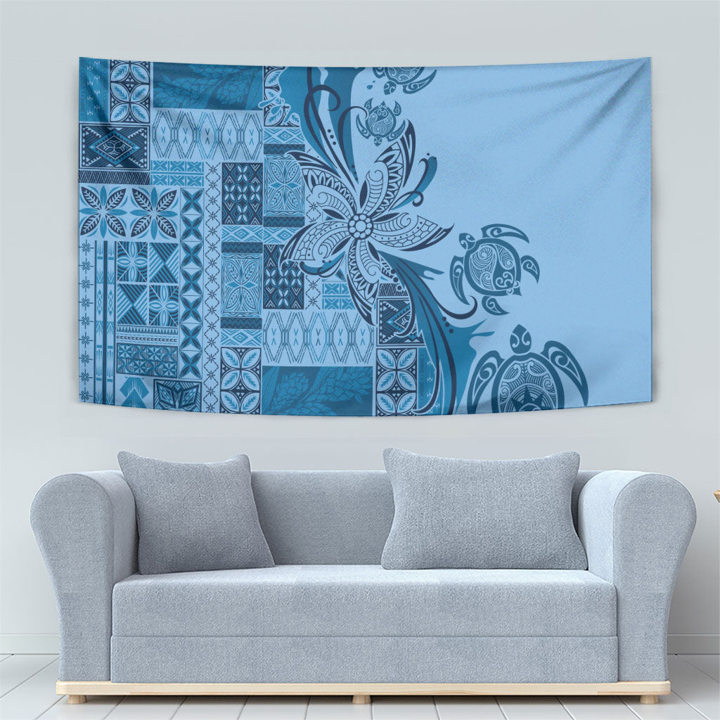 Talofa Samoa Mamanu Siapo Mix Malu Tapestry Cool Blue Frangipani and Turtles LT7 - Polynesian Pride