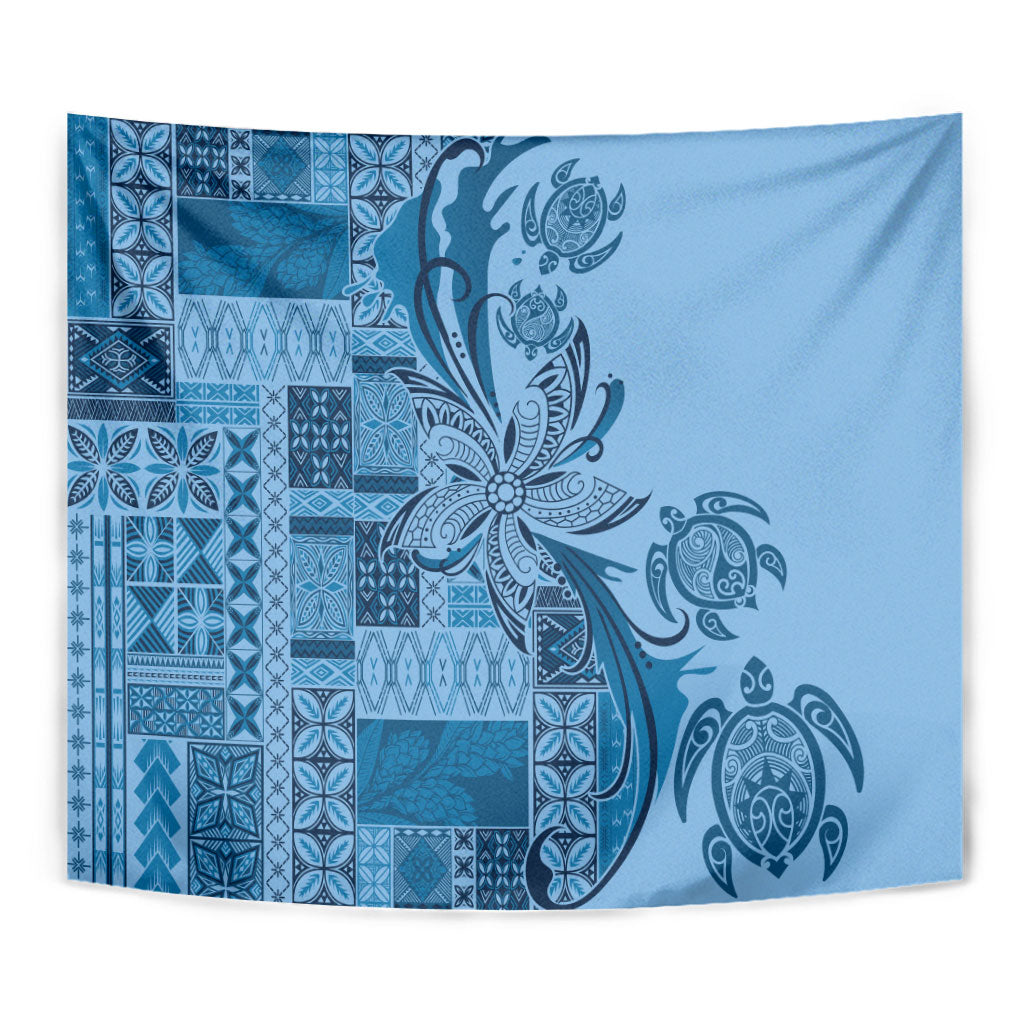 Talofa Samoa Mamanu Siapo Mix Malu Tapestry Cool Blue Frangipani and Turtles LT7 - Polynesian Pride