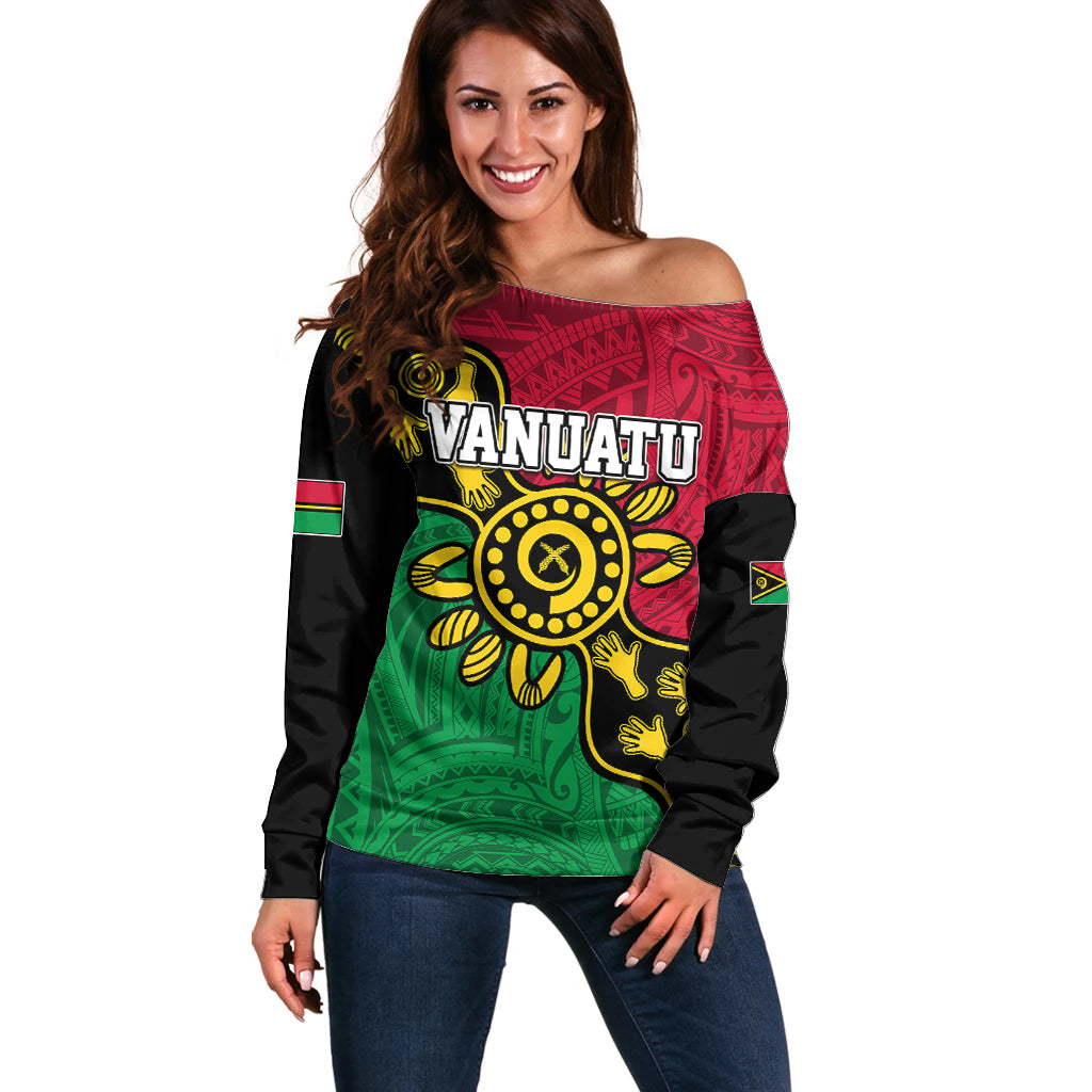 Personalised Vanuatu Off Shoulder Sweater Mix Aboriginal Dot Art LT7 Women Art - Polynesian Pride