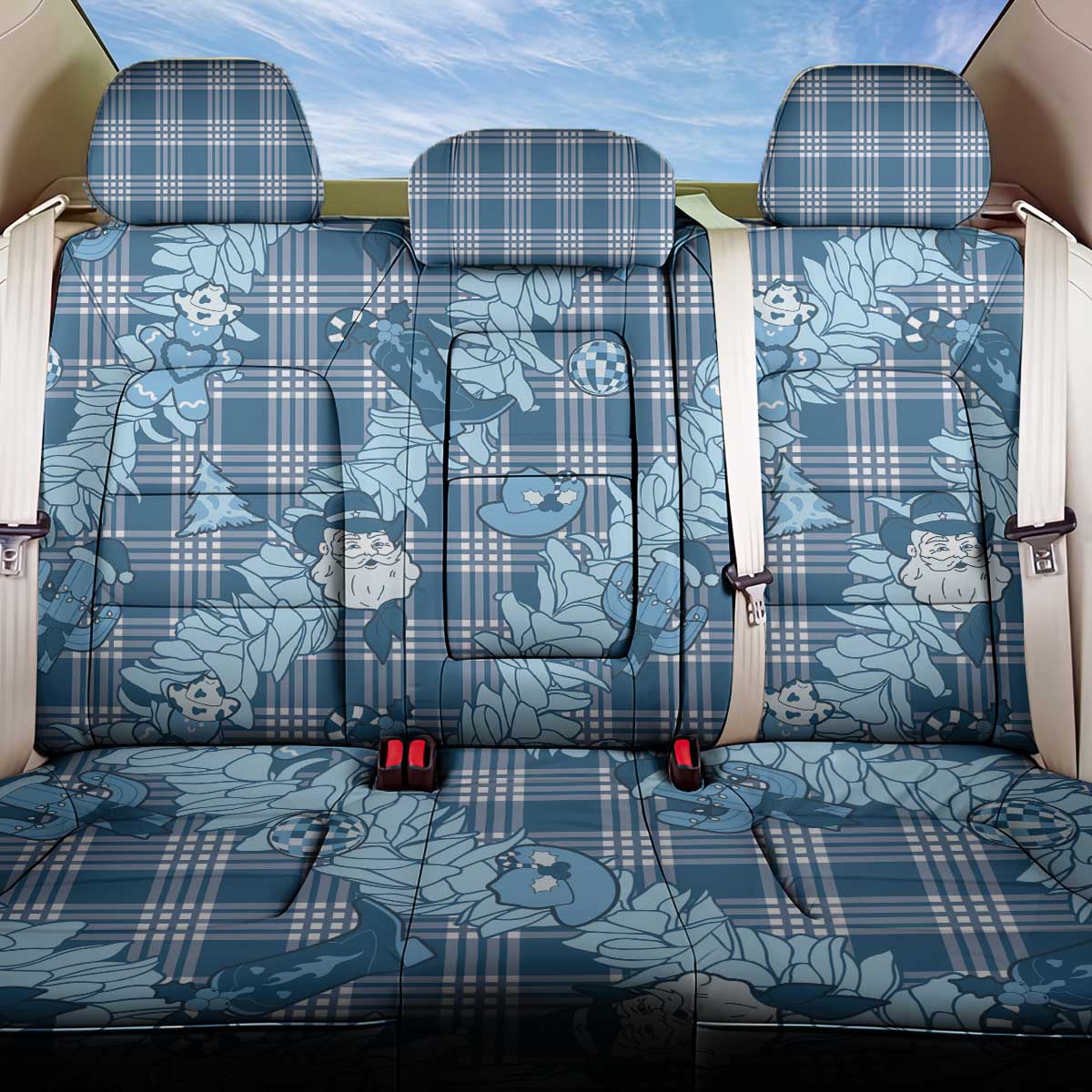 Blue Palaka Hawaii Cowboy Christmas Back Car Seat Cover Paniolo Mix Maile Lei LT7 One Size Blue - Polynesian Pride