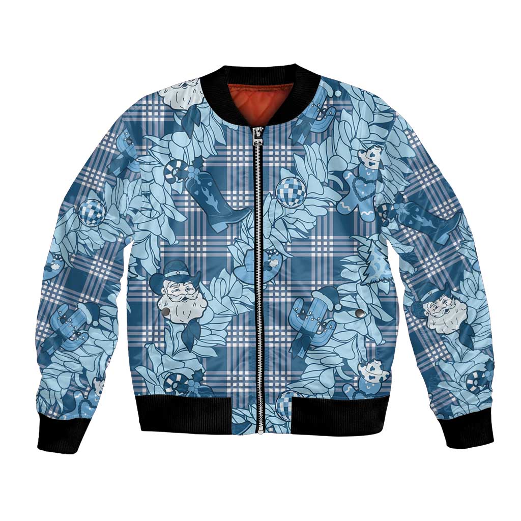 Blue Palaka Hawaii Cowboy Christmas Bomber Jacket Paniolo Mix Maile Lei LT7 Unisex Blue - Polynesian Pride