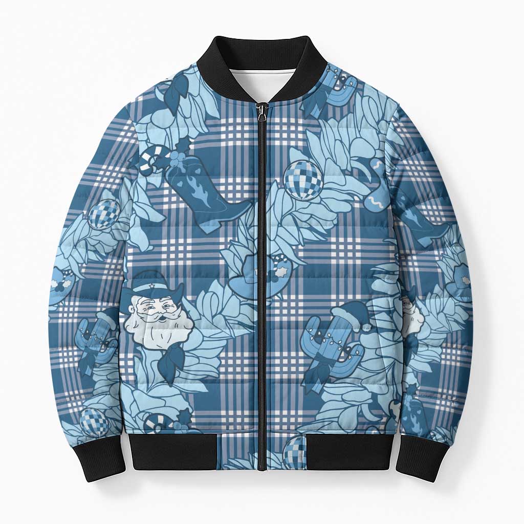 Blue Palaka Hawaii Cowboy Christmas Bomber Puffer Jacket Paniolo Mix Maile Lei LT7 Unisex Blue - Polynesian Pride