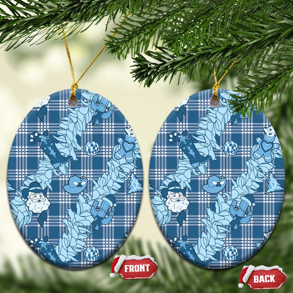 Blue Palaka Hawaii Cowboy Christmas Ceramic Ornament Paniolo Mix Maile Lei LT7 Oval Blue - Polynesian Pride