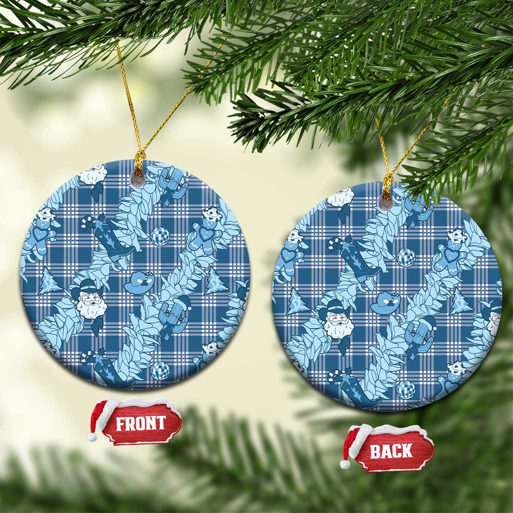Blue Palaka Hawaii Cowboy Christmas Ceramic Ornament Paniolo Mix Maile Lei LT7 Circle Blue - Polynesian Pride