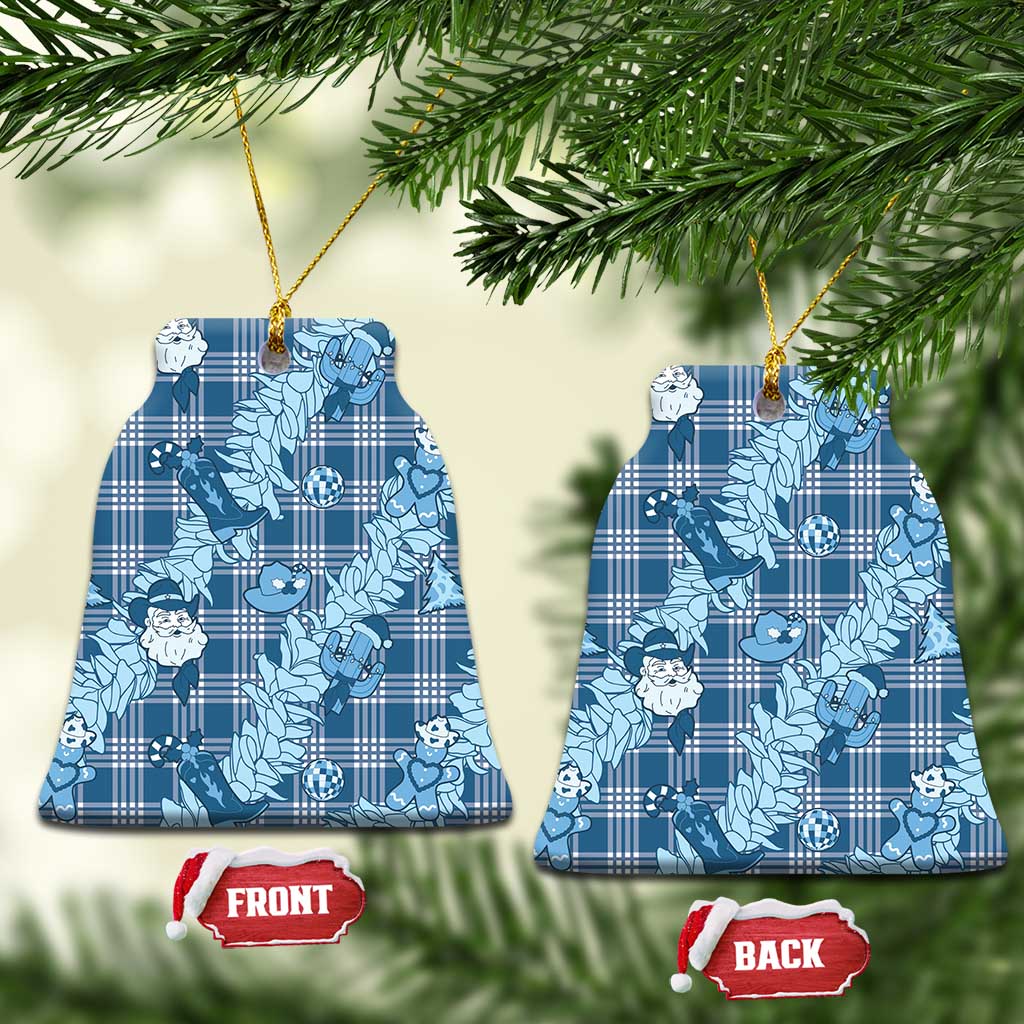 Blue Palaka Hawaii Cowboy Christmas Ceramic Ornament Paniolo Mix Maile Lei LT7 Bell Flake Blue - Polynesian Pride