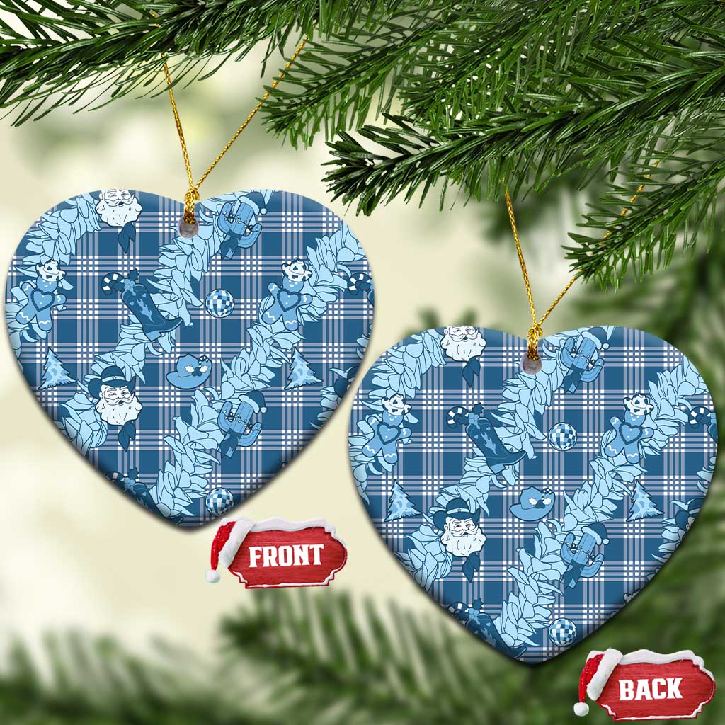 Blue Palaka Hawaii Cowboy Christmas Ceramic Ornament Paniolo Mix Maile Lei LT7 Heart Blue - Polynesian Pride