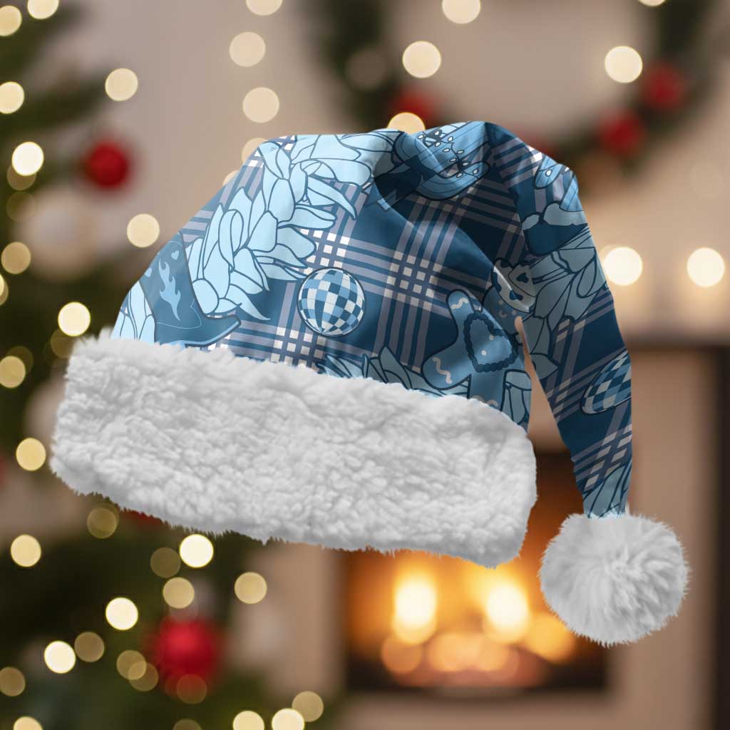 Blue Palaka Hawaii Cowboy Christmas Santa Hat Paniolo Mix Maile Lei LT7 With Fur Blue - Polynesian Pride