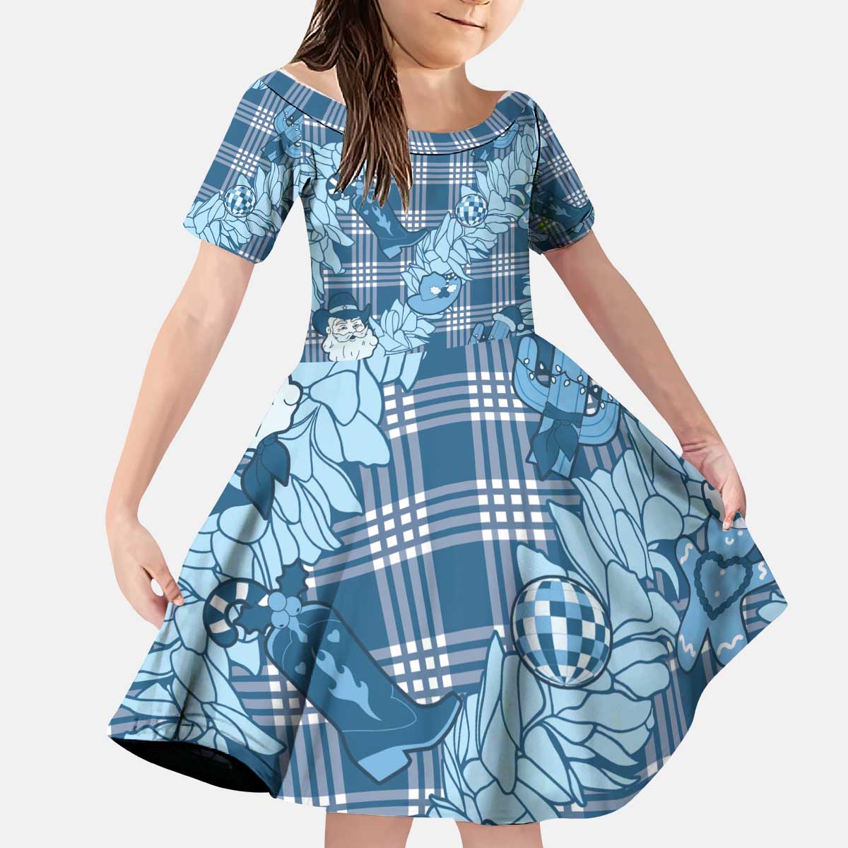 Blue Palaka Hawaii Cowboy Christmas Kid Short Sleeve Dress Paniolo Mix Maile Lei LT7 KID Blue - Polynesian Pride