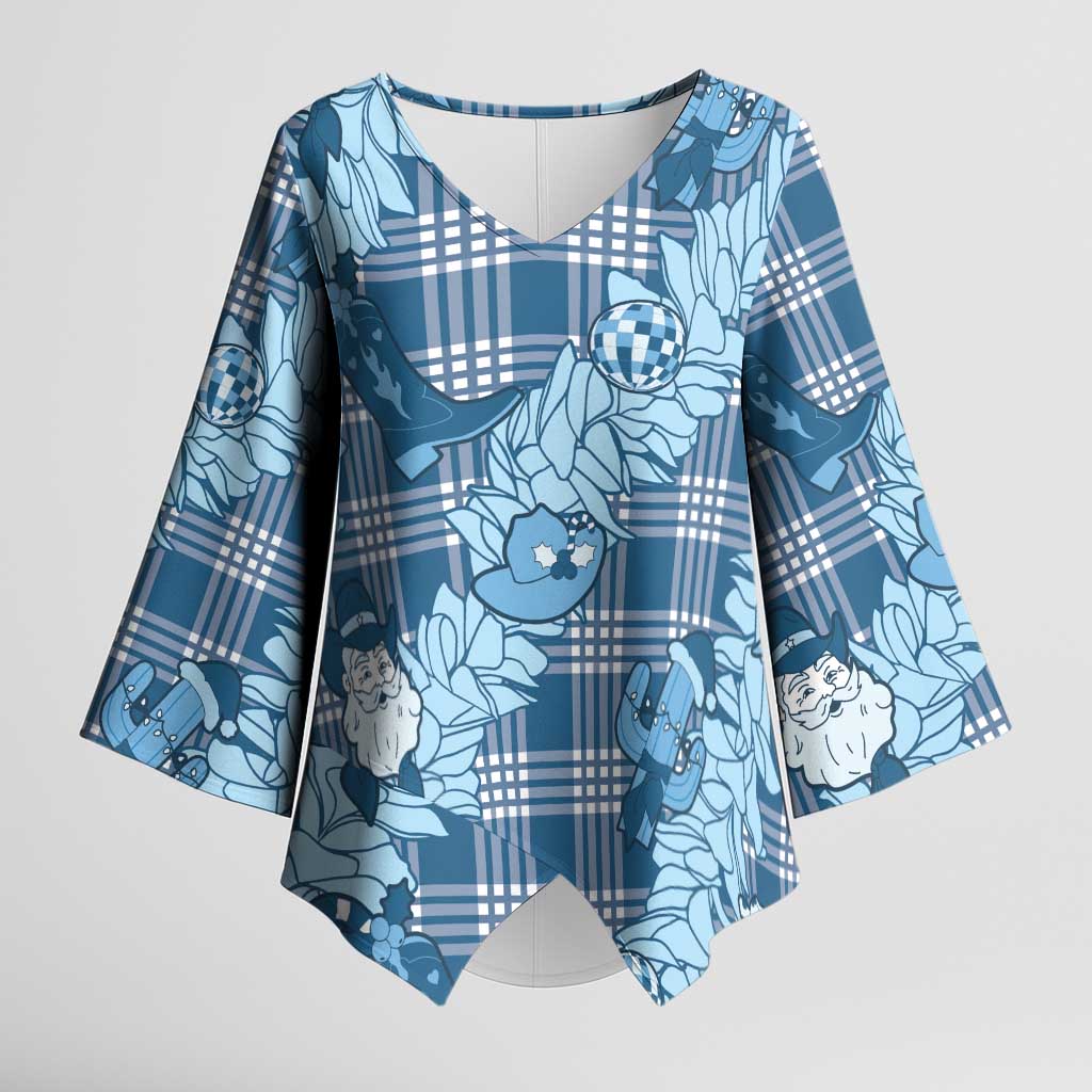 Blue Palaka Hawaii Cowboy Christmas Kimono Sleeve Blouse Paniolo Mix Maile Lei LT7 Female Blue - Polynesian Pride