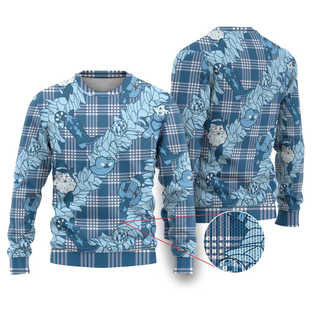Blue Palaka Hawaii Cowboy Christmas Ugly Christmas Sweater Paniolo Mix Maile Lei LT7 Blue - Polynesian Pride