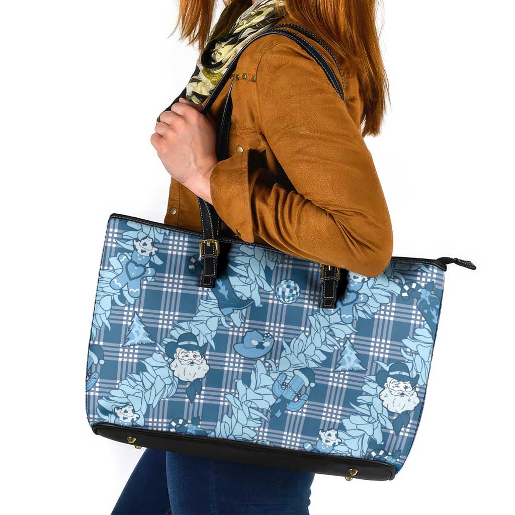 Blue Palaka Hawaii Cowboy Christmas Leather Tote Bag Paniolo Mix Maile Lei LT7 Blue - Polynesian Pride