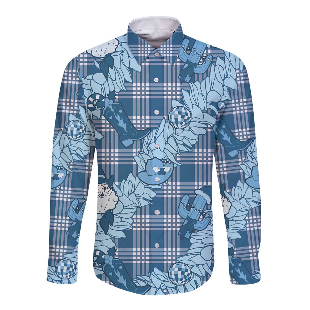 Blue Palaka Hawaii Cowboy Christmas Long Sleeve Button Shirt Paniolo Mix Maile Lei LT7 Unisex Blue - Polynesian Pride