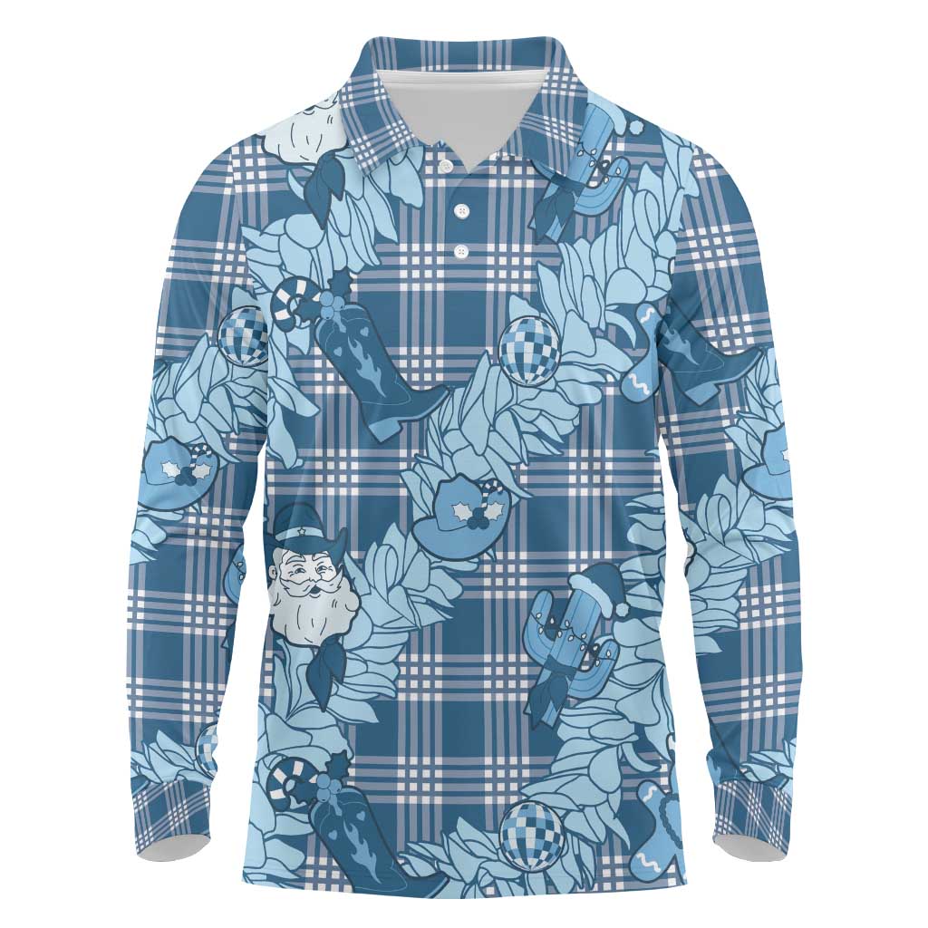 Blue Palaka Hawaii Cowboy Christmas Long Sleeve Polo Shirt Paniolo Mix Maile Lei LT7 Blue - Polynesian Pride