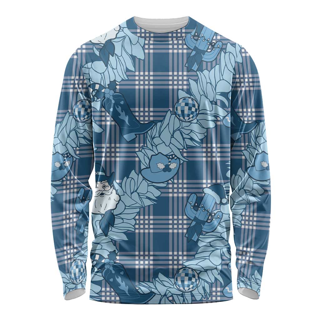 Blue Palaka Hawaii Cowboy Christmas Long Sleeve Shirt Paniolo Mix Maile Lei LT7 Unisex Blue - Polynesian Pride