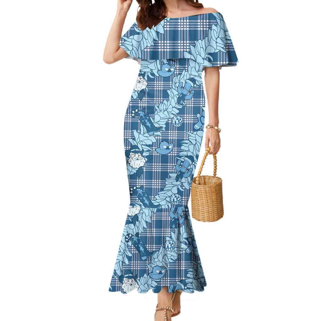 Blue Palaka Hawaii Cowboy Christmas Mermaid Dress Paniolo Mix Maile Lei LT7 Women Blue - Polynesian Pride